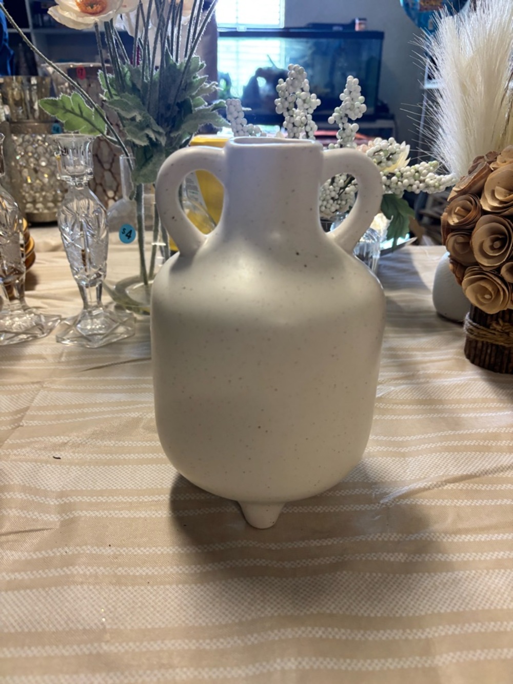 Speckled White Ceramic Two-Handled Vase